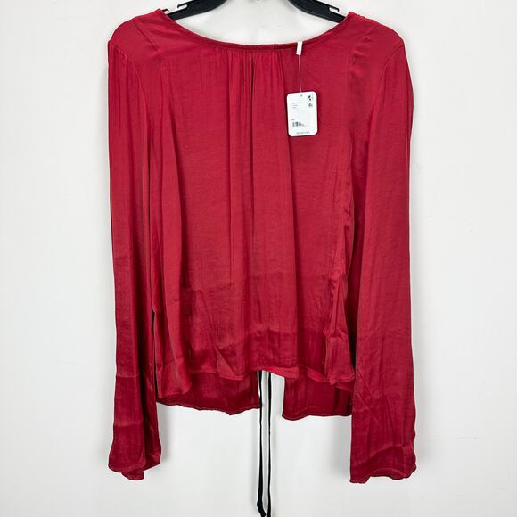 Free People Arabella Blouse Rubies Red Satin Long Sleeve Bow Back Medium NWT - Picture 2 of 10